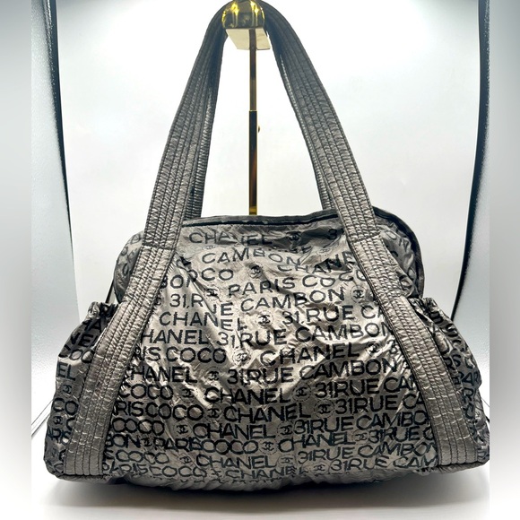 CHANEL Handbags - Chanel Silver and Black Women's nylon tote Bag